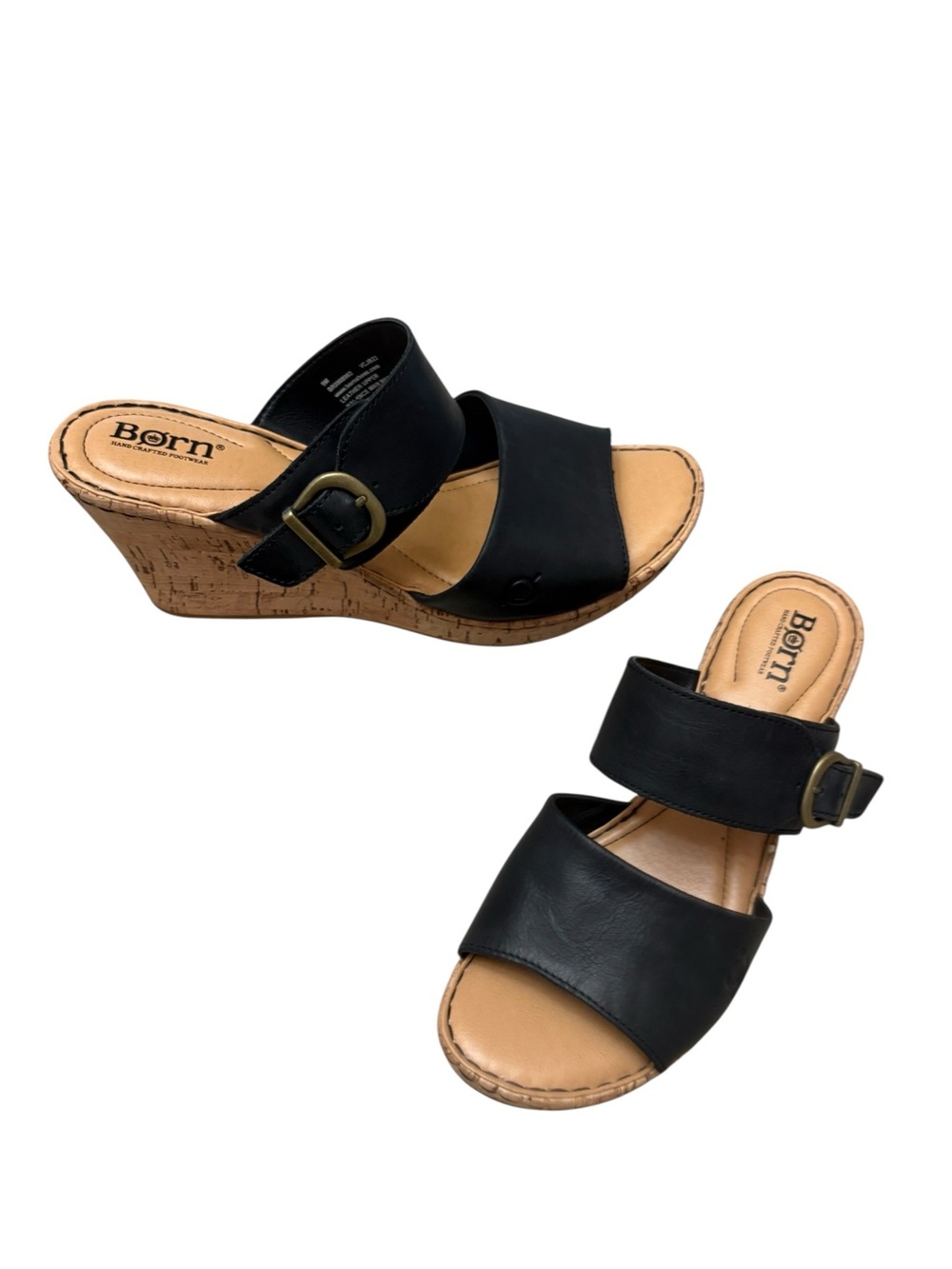 Born Black Leather Straps Slip On Cork Wedge Sandal Women’s size 9